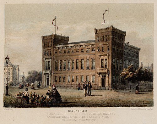 Tekening Willem Hekking van het voormalige Zeemanshuis Amsterdam op Kadijksplein (geschat 1858)