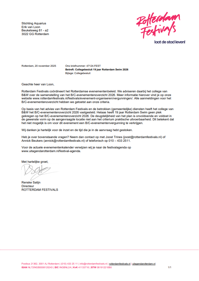 Afwijzingsbrief 19 jaar Rotterdam Swim